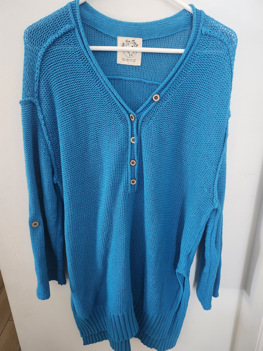 We The Free Bright Teal V-Neck Henley Sweater